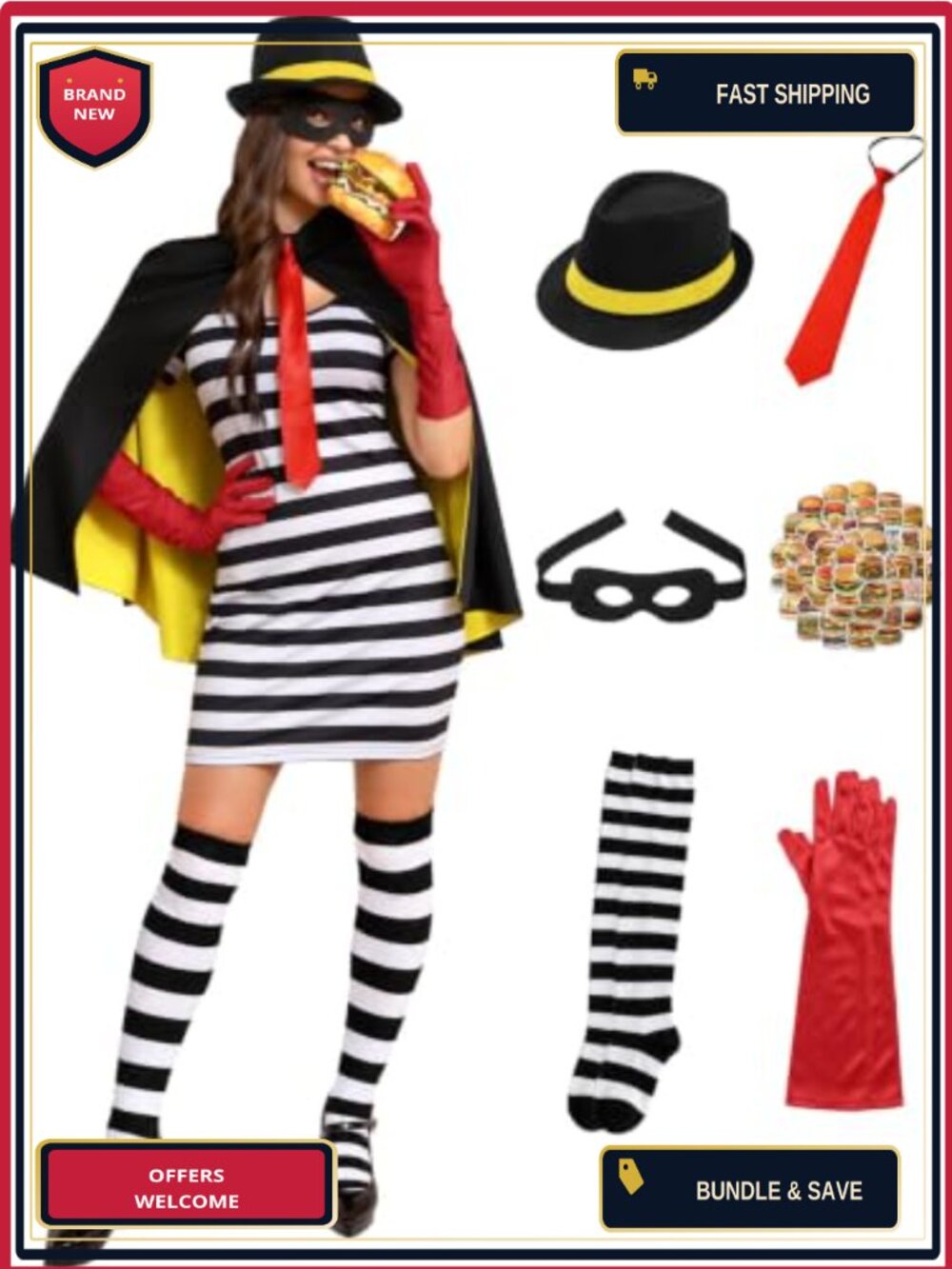 8 Pc Women's Burglar Halloween Costume Striped Mini Dress Cape Set